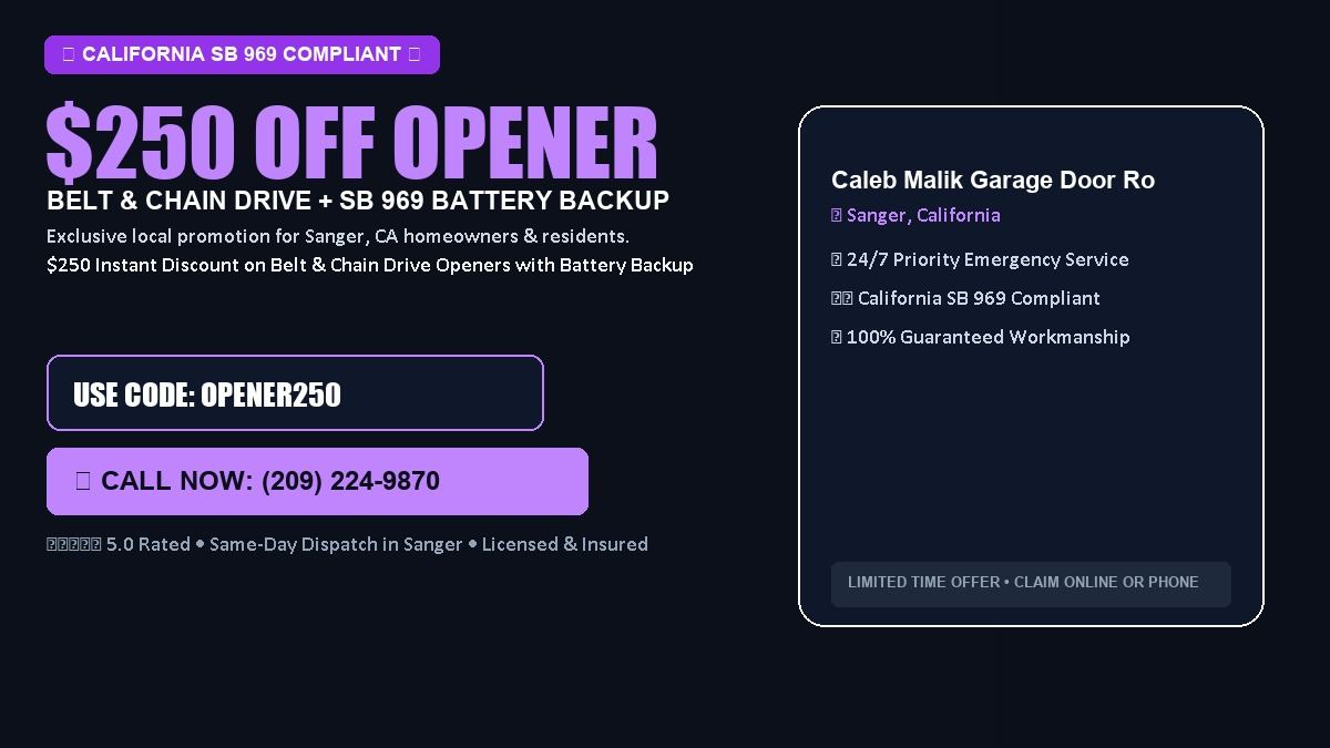 Caleb Malik Garage Door Roller Repair $250 OFF Premium LiftMaster Opener Installation in Sanger, CA